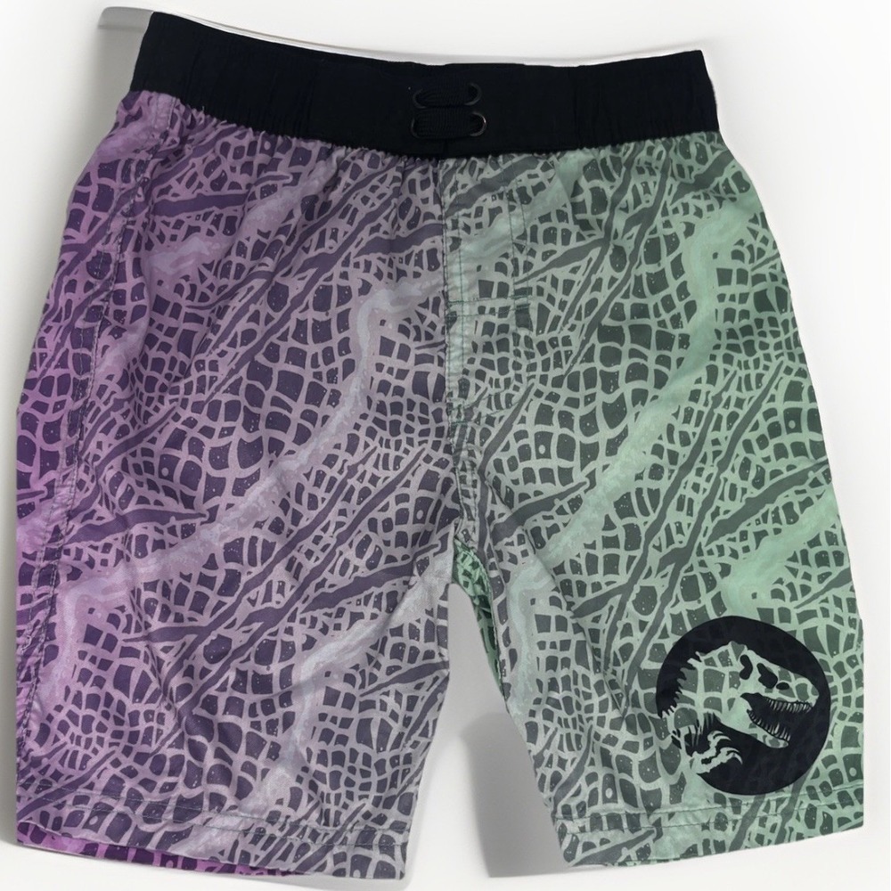 Jurassic Park Boys Swim Shorts T-Rex Purple Green Black Size S Elastic Waist